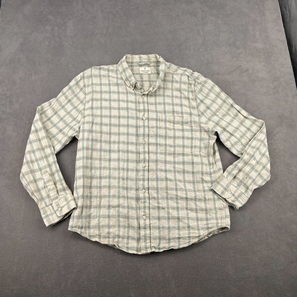 Mutual Weave Flannel Shirt Mens XL Beige Plaid Linen Blend Collared Button Down